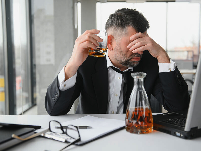 Бизнесмен пьет на работе